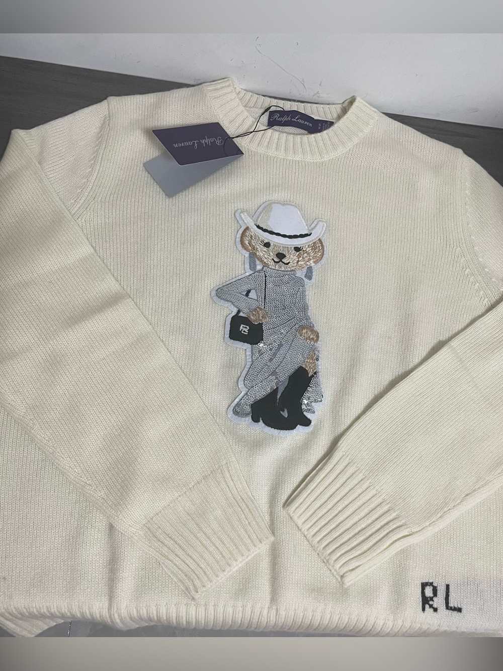 Ralph Lauren Cream Crewneck Sweater with Embroidered Bear